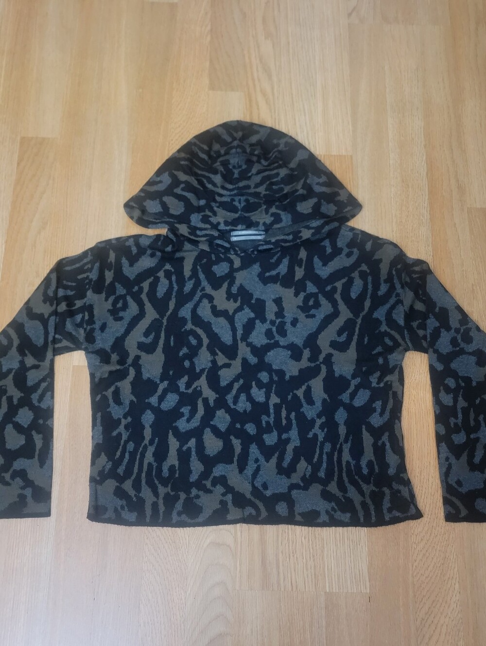 Anthropologie Kasia Knit Hoodie Sweater Black Grey Animal Print Size Small